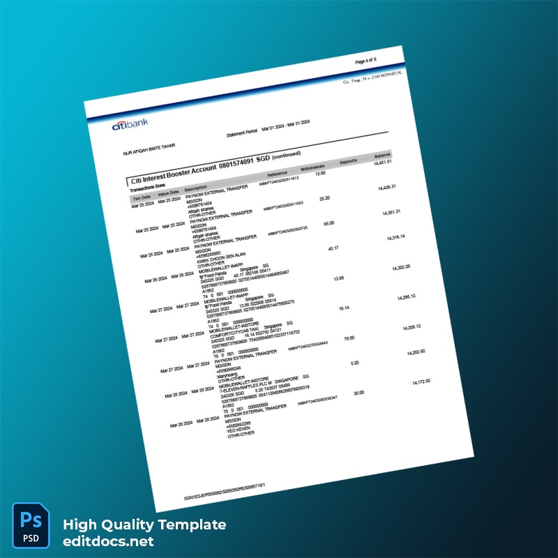 Singapore Citi Bank Statement Template in Word and PDF formats page 4