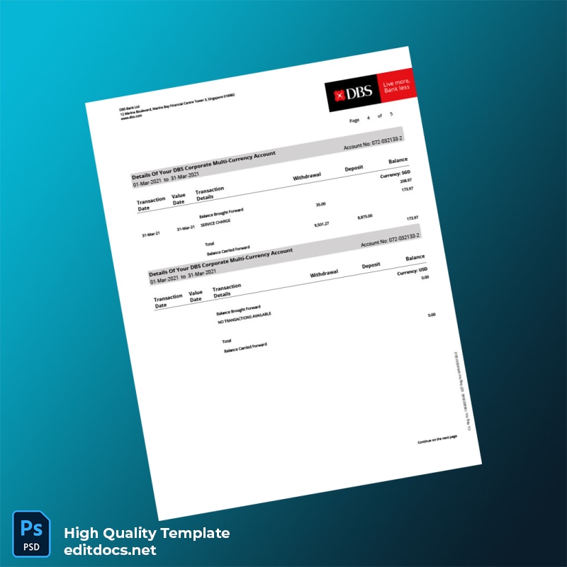 Singapore DBS Account Statement Template in Word and PDF formats page 4