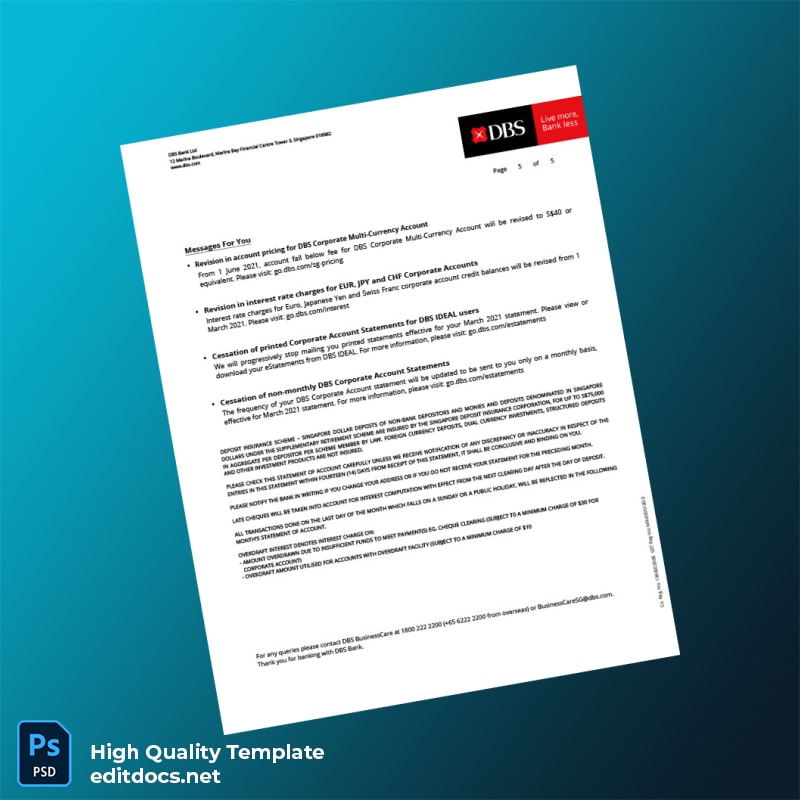 Singapore DBS Account Statement Template in Word and PDF formats page 5
