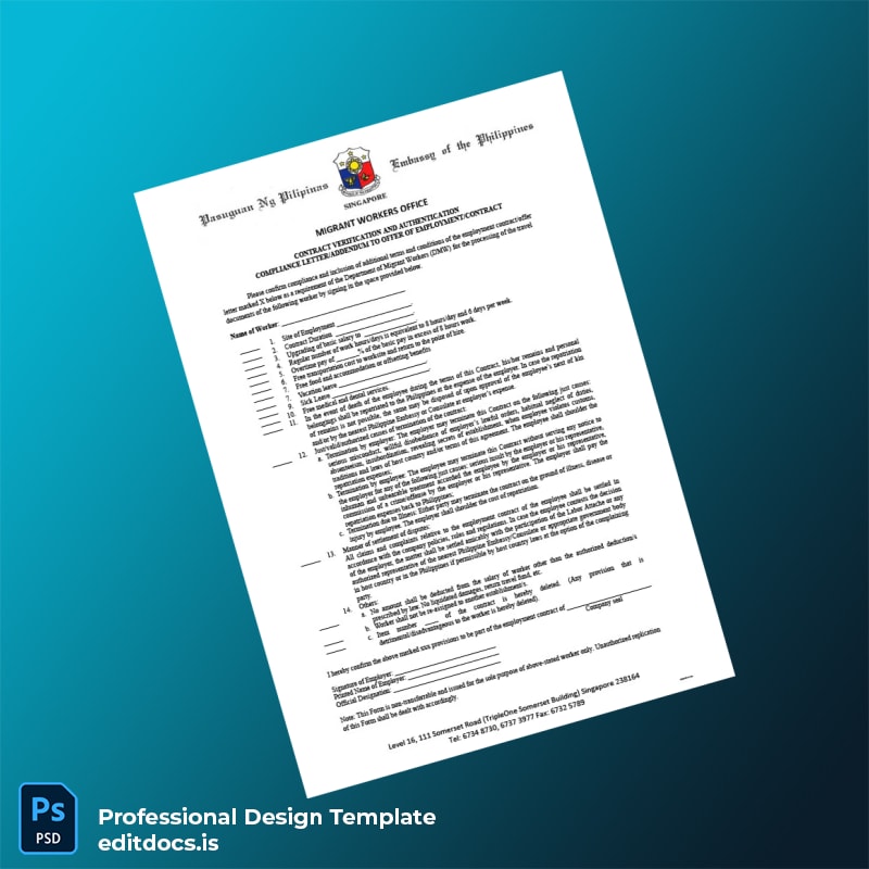 Editable Singapore Pasuguan ng Pilipinas Employment Verification Letter Template (Word&PDF) Page Preview - EditDocs