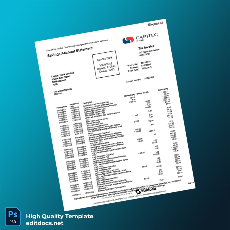 South Africa Capitec Bank Statement Template in Word and PDF formats page 2