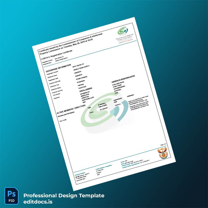 Editable South Africa Commissioner of Companies Registration Certificate Template (Word&PDF) Page Preview - EditDocs