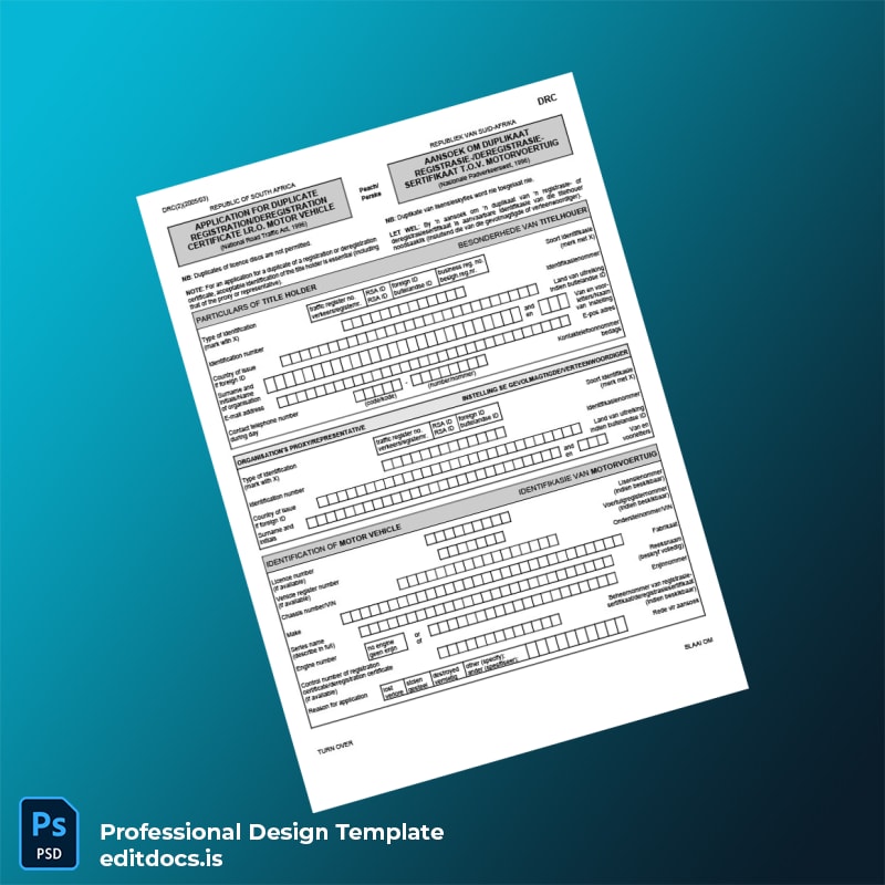Editable South Africa Department of Transport Application for Duplicate Registration Certificate Template (Word&PDF) Page Preview - EditDocs