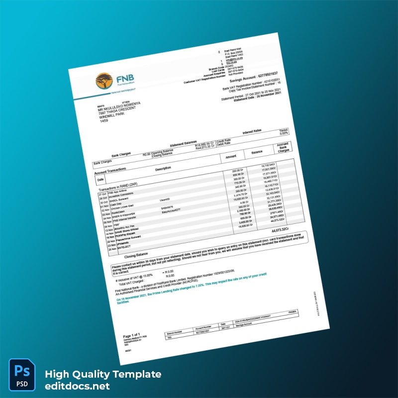 South Africa First National Bank Statement Template in Word and PDF formats
