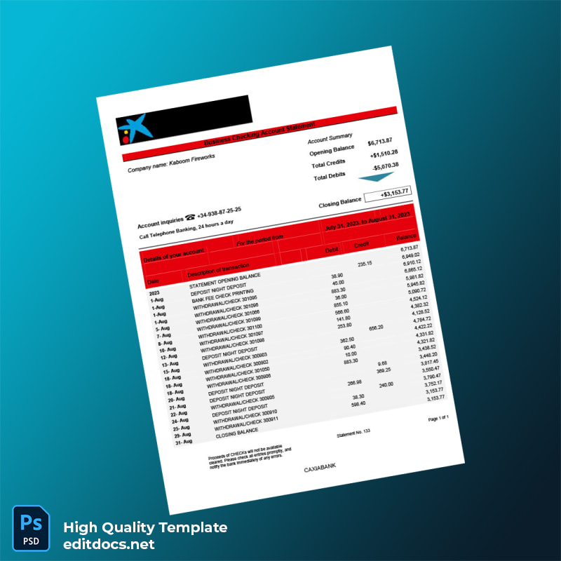 Spain CAIXABANK Company Bank Statement Template in Word and PDF formats