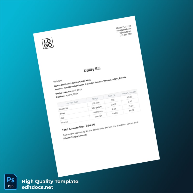 Spain Vodafone Editable Utility Bill Template in Word and PDF formats