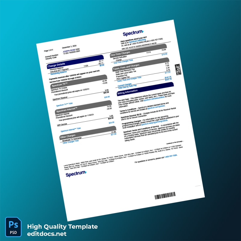 Spectrum Editable Utility Bill Template in Word and PDF formats page 2