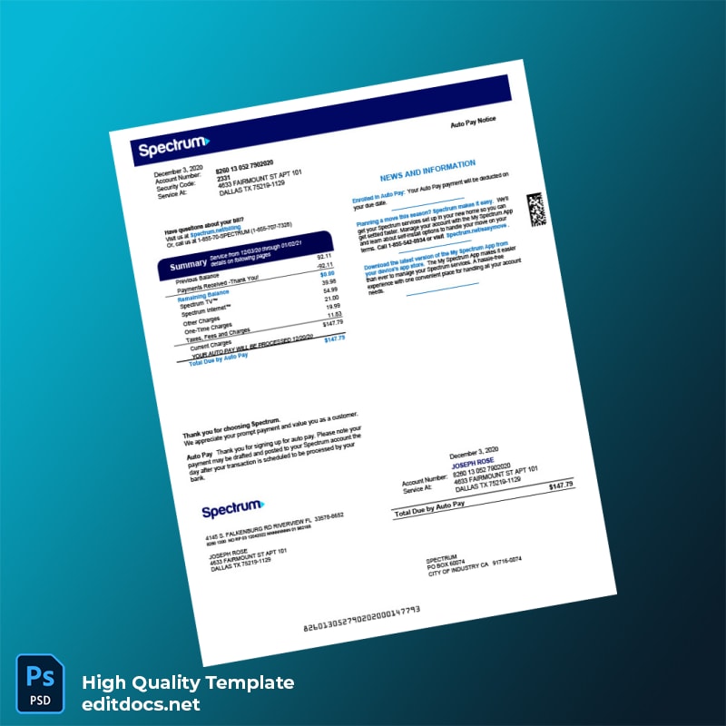 Spectrum Editable Utility Bill Template in Word and PDF formats