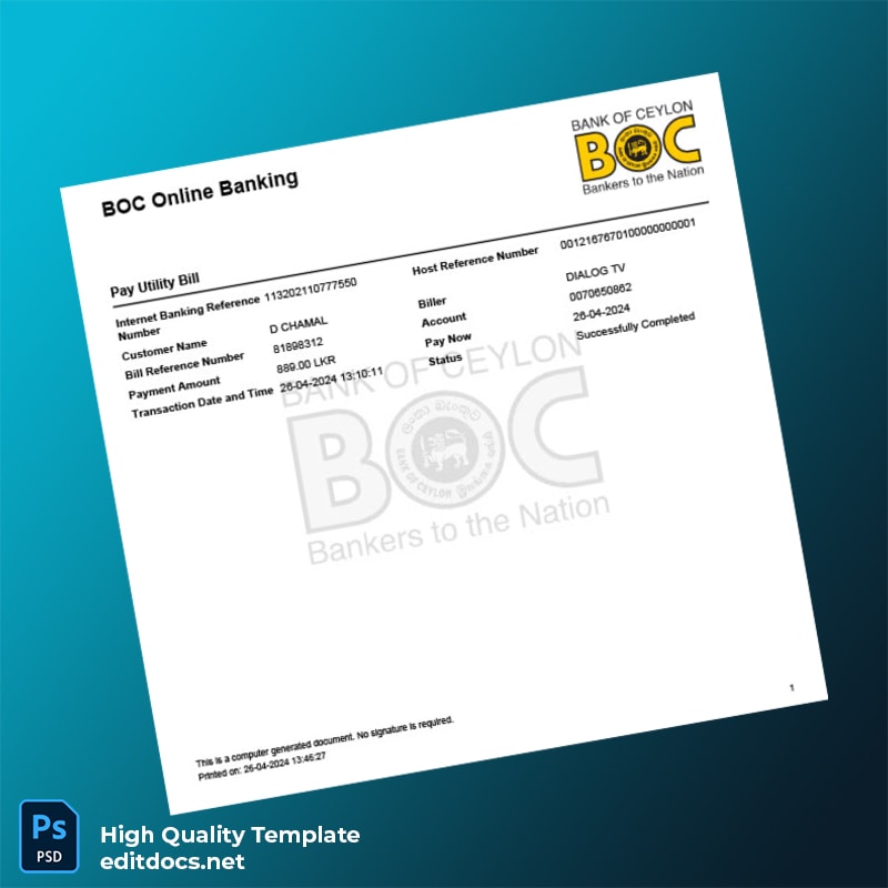Sri Lanka Bank Of Ceylon Editable Utility Bill Template in Word and PDF formats
