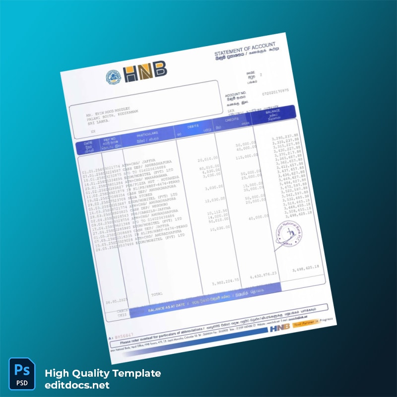 Sri Lanka HNB Bank Statement Template in Word and PDF formats page 2