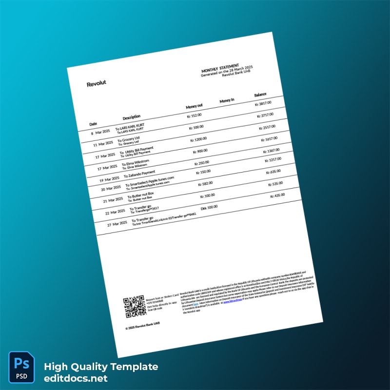 Sweden Revolut Bank UAB Editable Bank Statement Template in Word and PDF formats page 2