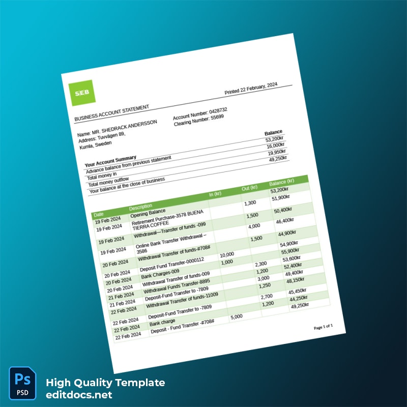 Sweden SEB Bank Statement Template in Word and PDF formats