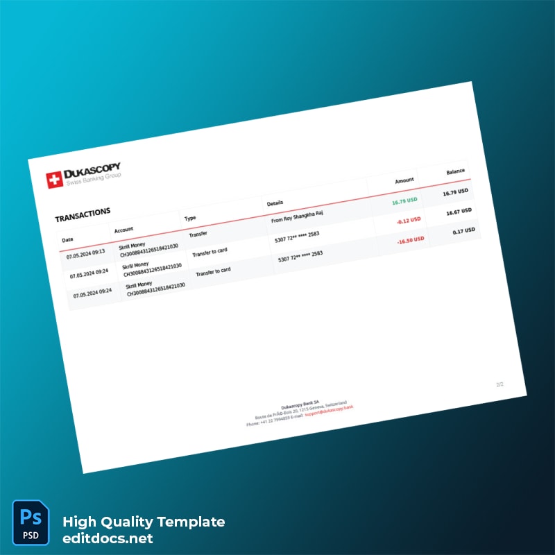 Switzerland Dukascopy Bank Statement Template in Word and PDF formats page 2