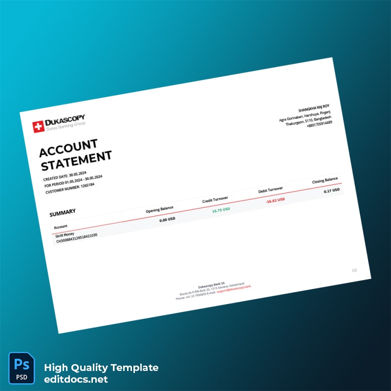 Switzerland Dukascopy Bank Statement Template in Word and PDF formats
