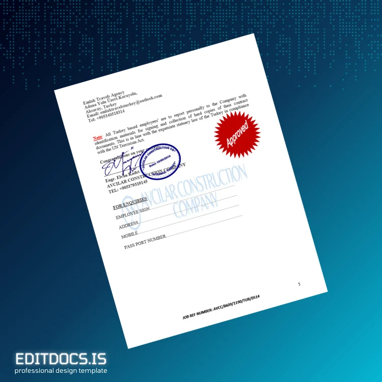 Editable Turkey Avcilar Construction Company Employment Verification Letter Template in Word and PDF formats page 5 Page Preview - EditDocs