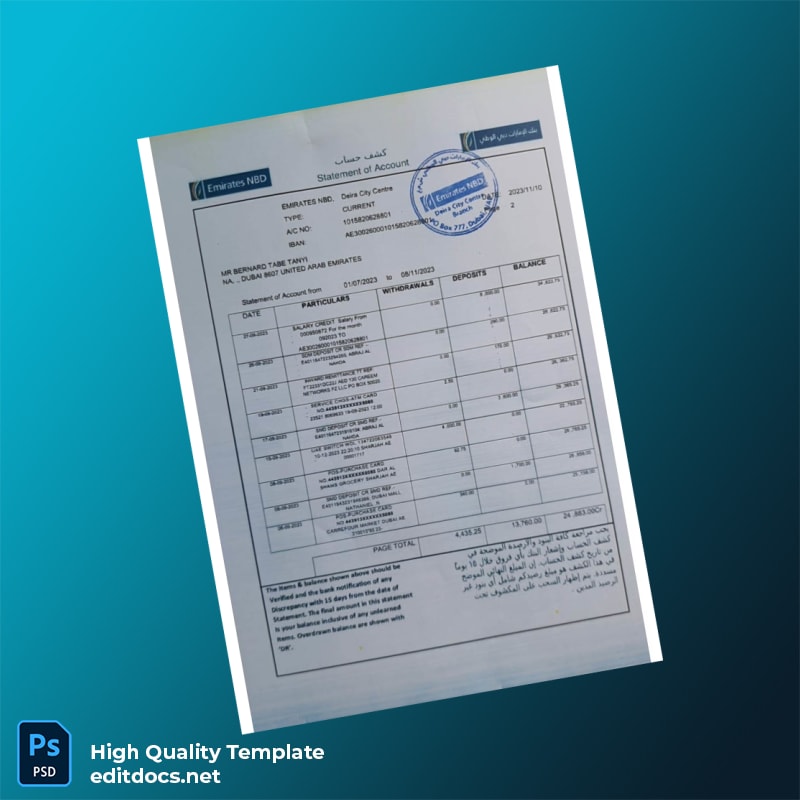 UAE Emirates NBD Bank Statement Template in Word and PDF formats page 2