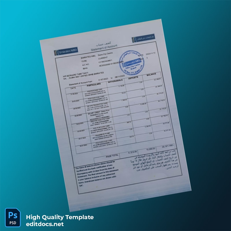 UAE Emirates NBD Bank Statement Template in Word and PDF formats page 3