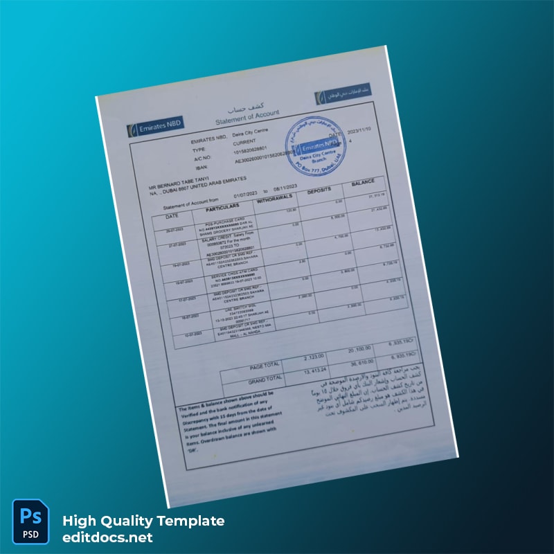 UAE Emirates NBD Bank Statement Template in Word and PDF formats page 4