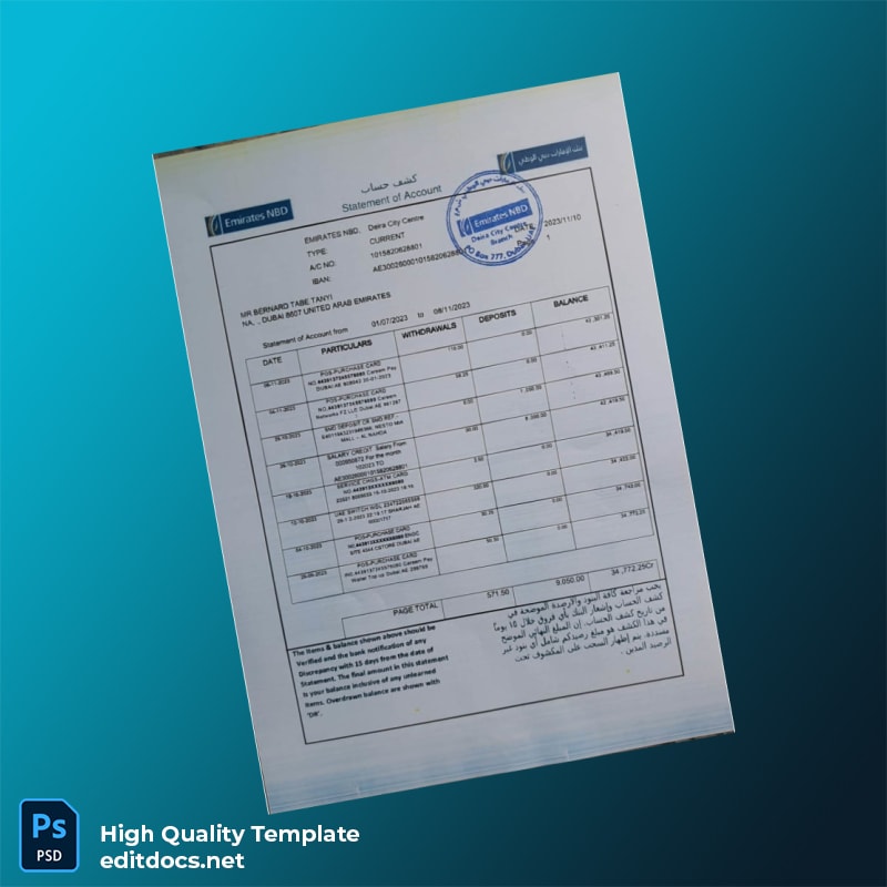 UAE Emirates NBD Bank Statement Template in Word and PDF formats