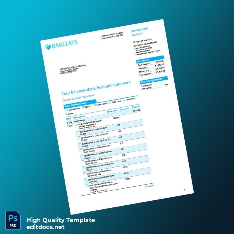 UK Barclays Bank Statement Template in Word and PDF formats