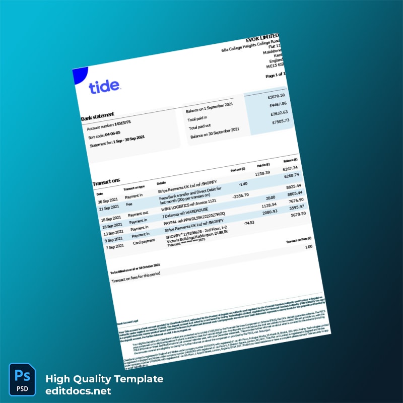 UK ClearBank Limited Bank Statement Template in Word and PDF formats