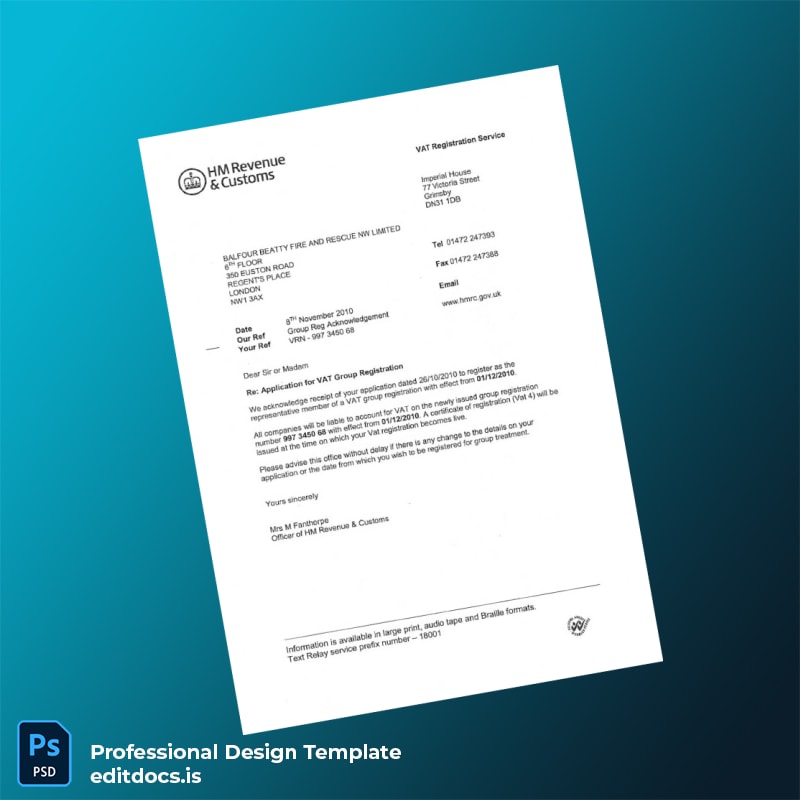 Editable UK HM Revenue Customs VAT Registration Certificate Template in Word and PDF formats page 2 Page Preview