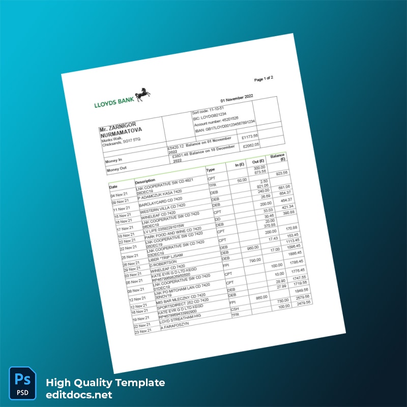 UK Lloyds Bank Bank Statement Template in Word and PDF formats