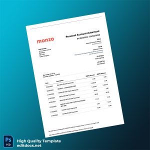 UK Monzo Bank Statement Template in Word and PDF formats