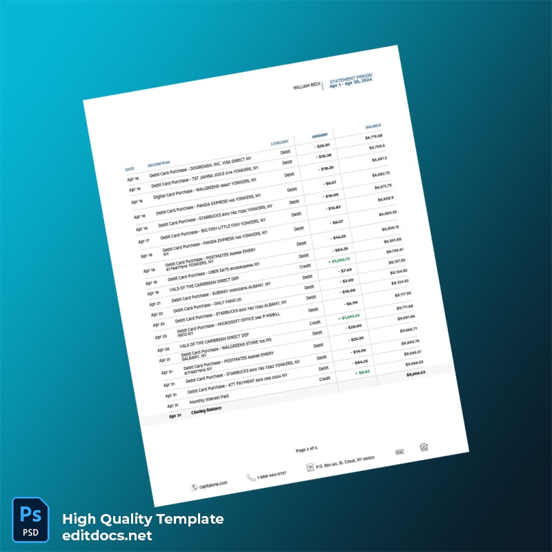 USA Capital One Bank eStatement Template in Word and PDF formats page 3