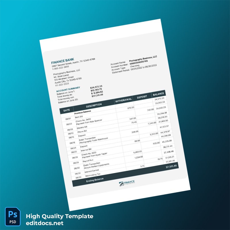 USA Finance Bank Statement Template in Word and PDF formats