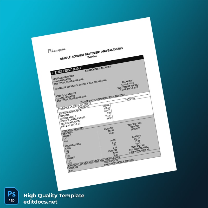 USA First Bank Sample Account Statement Template in Word and PDF formats