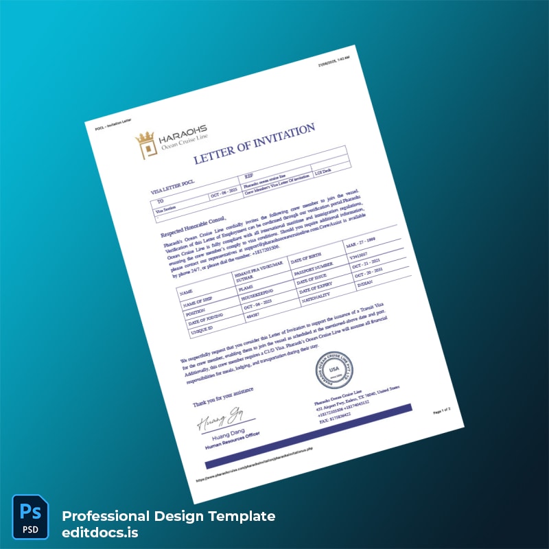 Editable USA Pharaoh s Ocean Cruise Line Employment Verification Letter Template (Word&PDF) Page Preview - EditDocs