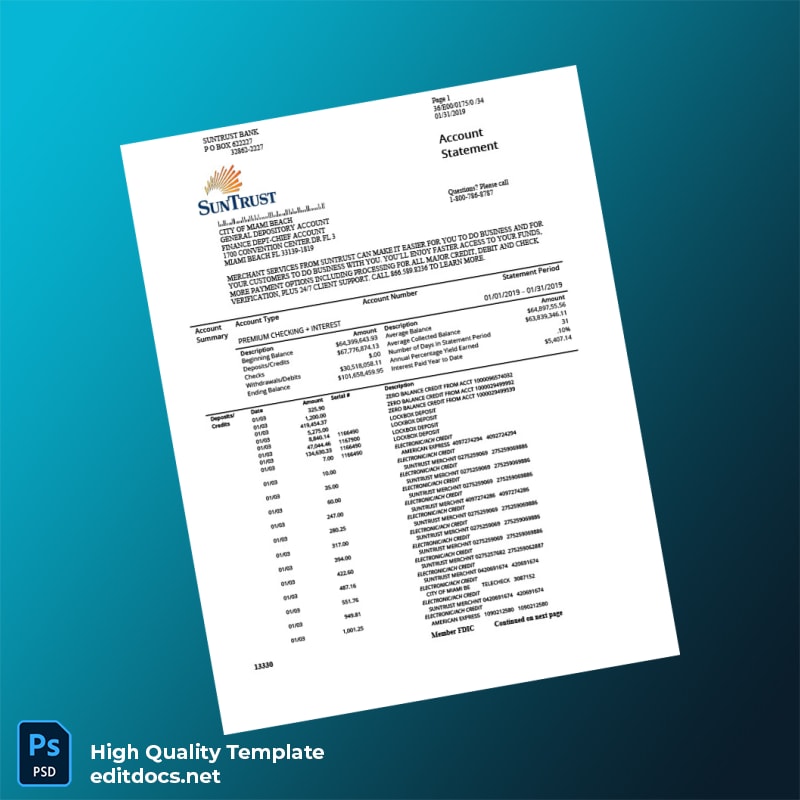 USA SunTrust Bank Statement Template in Word and PDF formats