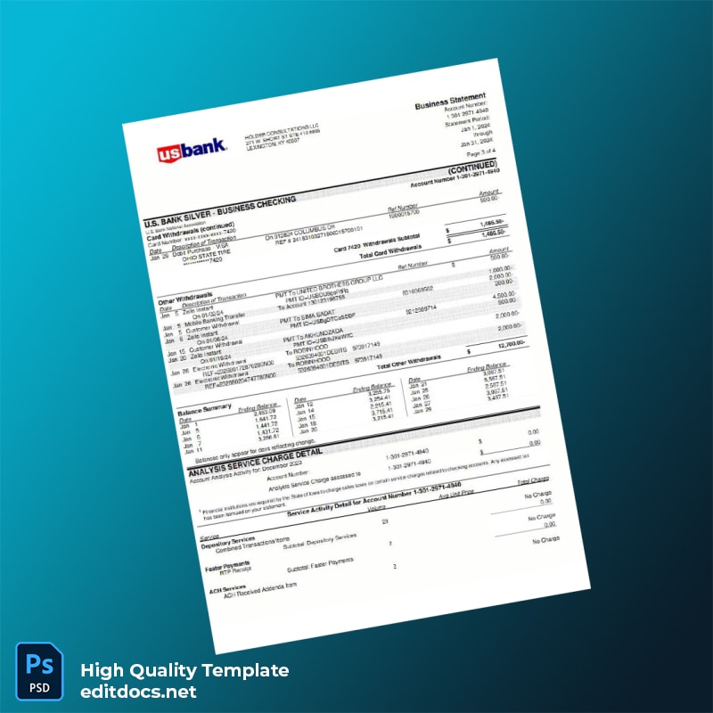 USA US Bank Bank Statement Template in Word and PDF formats page 2