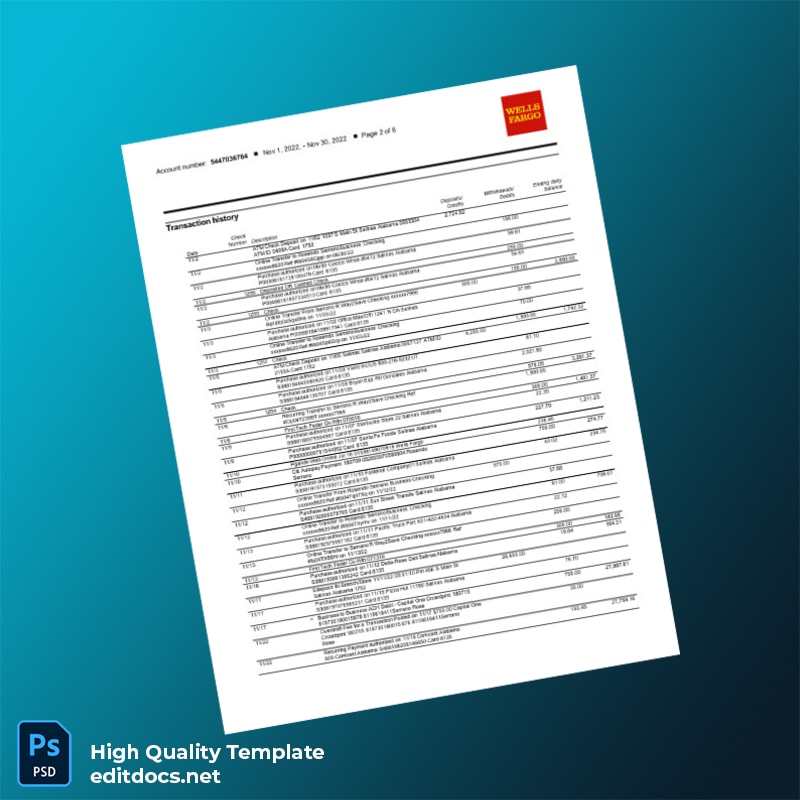 USA Wells Fargo Business Bank Statement Template in Word and PDF formats page 2