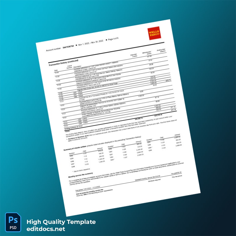 USA Wells Fargo Business Bank Statement Template in Word and PDF formats page 4