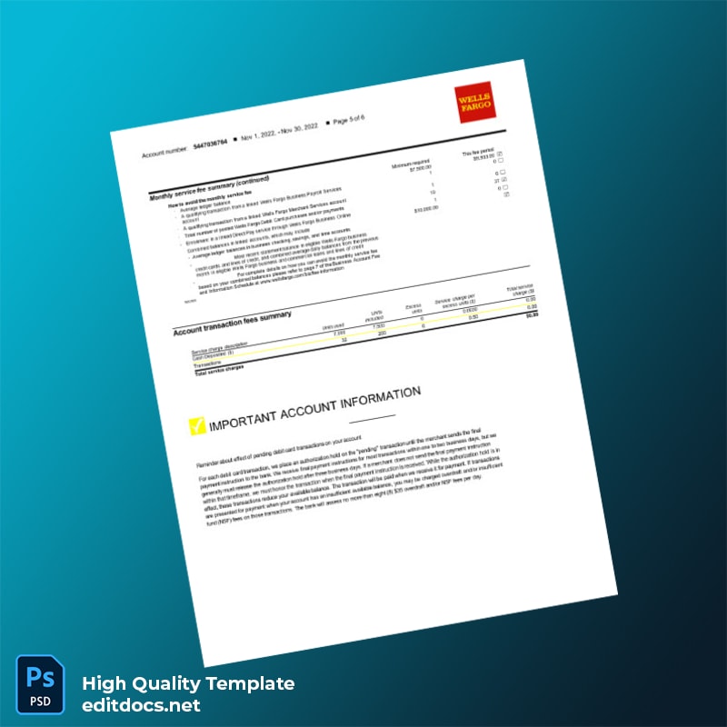 USA Wells Fargo Business Bank Statement Template in Word and PDF formats page 5