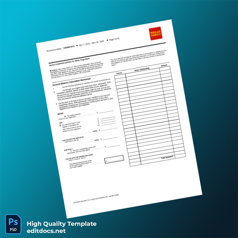 USA Wells Fargo Business Bank Statement Template in Word and PDF formats page 6