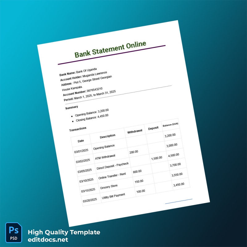 Uganda Bank Of Uganda Bank Statement Template in Word and PDF formats