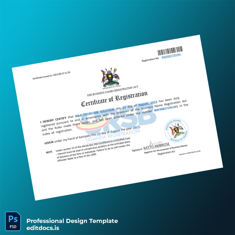 Editable Uganda Business Name Registration Certificate Template (Word&PDF) Page Preview
