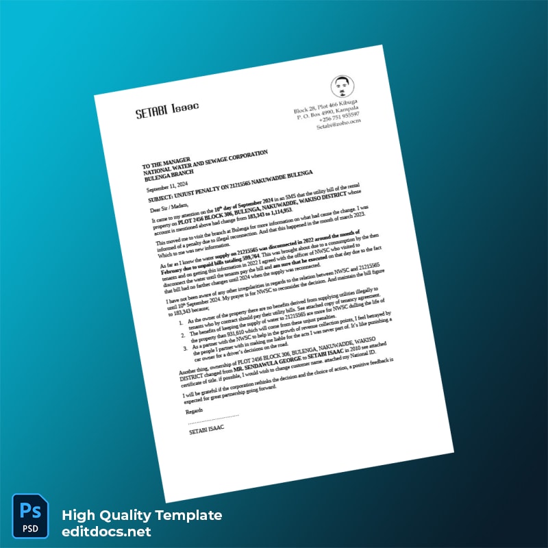 Uganda National Water And Sewage Corporation Editable Utility Bill Template in Word and PDF formats