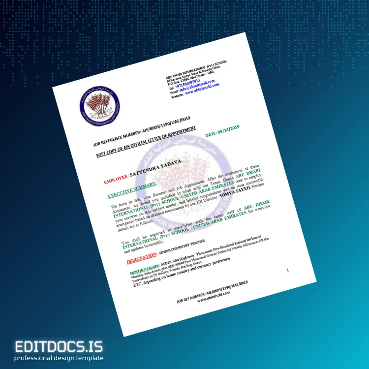 Editable United Arab Emirates Abu Dhabi International Pvt School Employment Verification Letter Template (Word&PDF) Page Preview - EditDocs