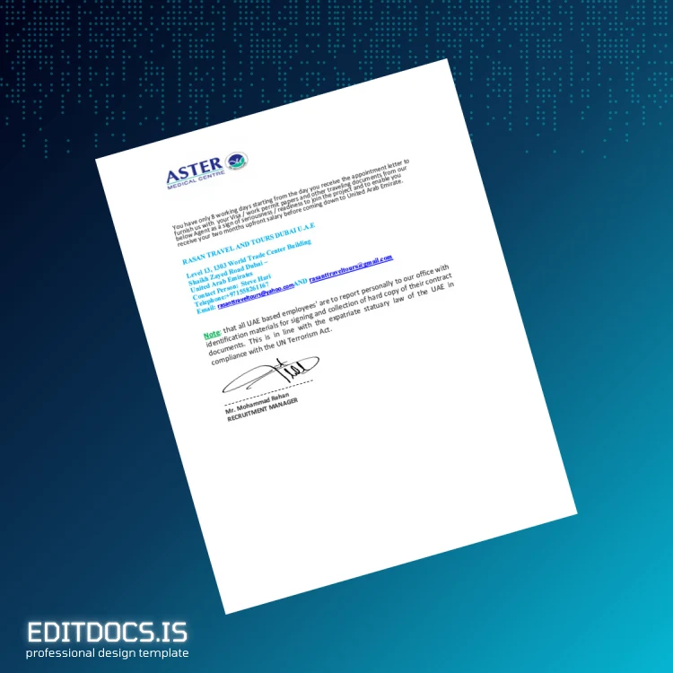 Editable United Arab Emirates Aster Medical Centre Employment Verification Letter Template in Word and PDF formats page 6 Page Preview - EditDocs