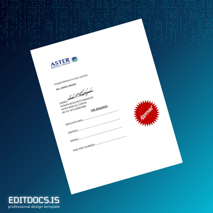 Editable United Arab Emirates Aster Medical Centre Employment Verification Letter Template in Word and PDF formats page 7 Page Preview - EditDocs