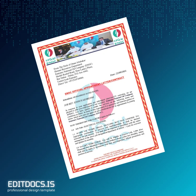 Editable United Arab Emirates ENOC Employment Verification Letter Template (Word&PDF) Page Preview - EditDocs