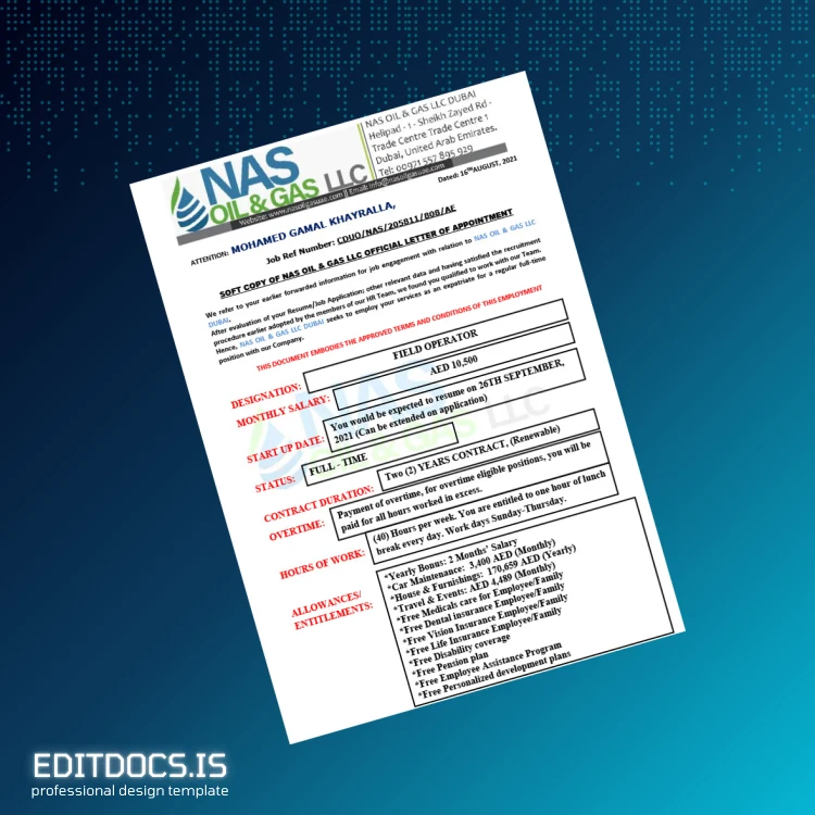 Editable United Arab Emirates Nas Oil Gas LLC Employment Verification Letter Template (Word&PDF) Page Preview - EditDocs