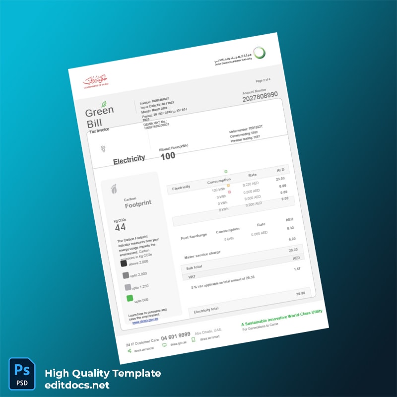 United Arab Emirates Dubai Electricity And Water Authority Editable Utility Bill Template in Word and PDF formats page 3
