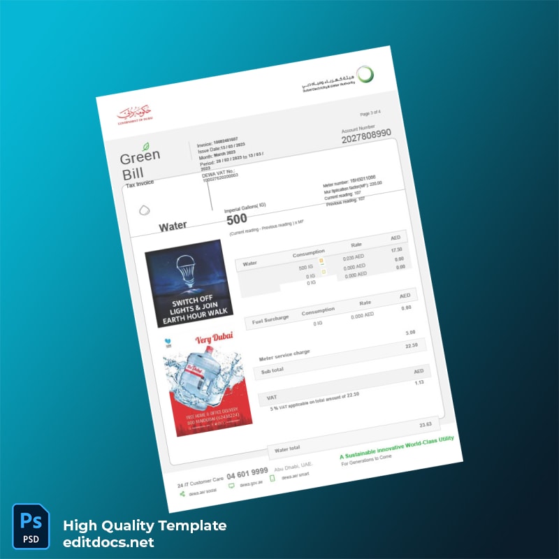 United Arab Emirates Dubai Electricity And Water Authority Editable Utility Bill Template in Word and PDF formats page 4