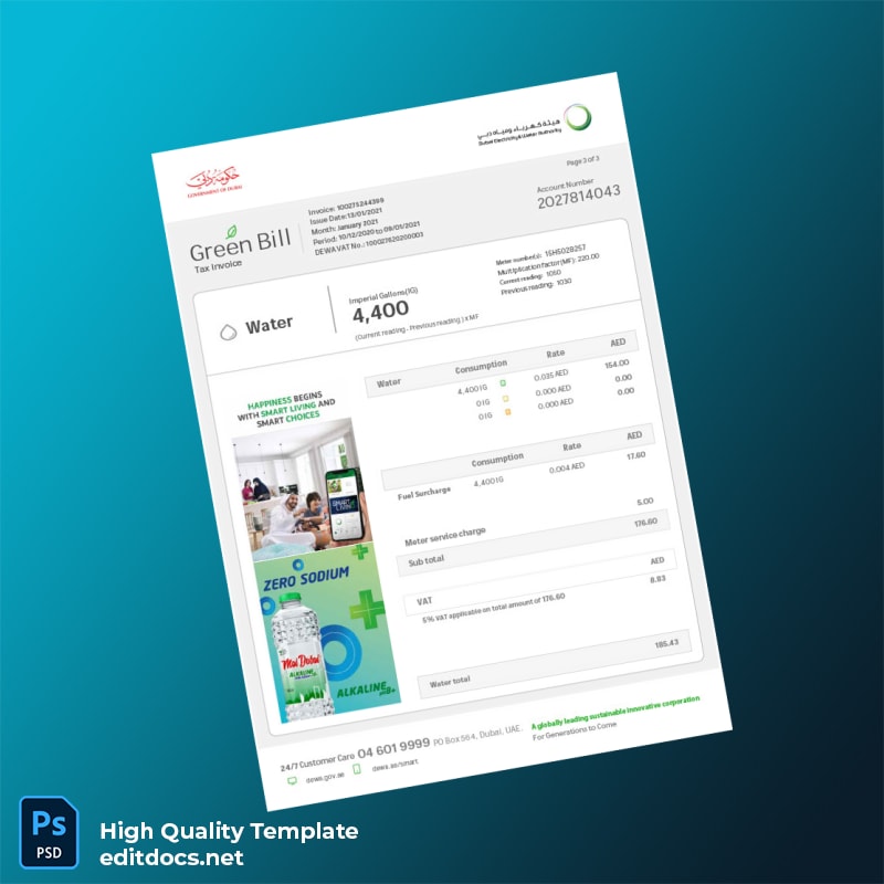 United Arab Emirates Dubai Electricity Water Authority DEWA Editable Utility Bill Template in Word and PDF formats page 3