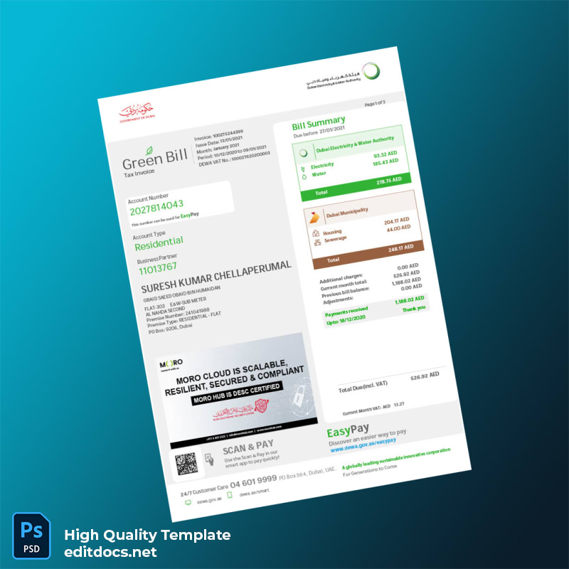 United Arab Emirates Dubai Electricity Water Authority DEWA Editable Utility Bill Template in Word and PDF formats